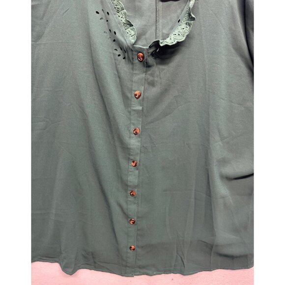 Bloomchic Womens Plus Size Button-Up Blouse Eyelet & Lace Trim Green Size 32 - Picture 6 of 12